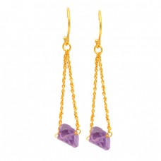 925 Sterling Silver Amethyst Rough Gemstone Hanging Chain Gold Plated Dangle Earrings