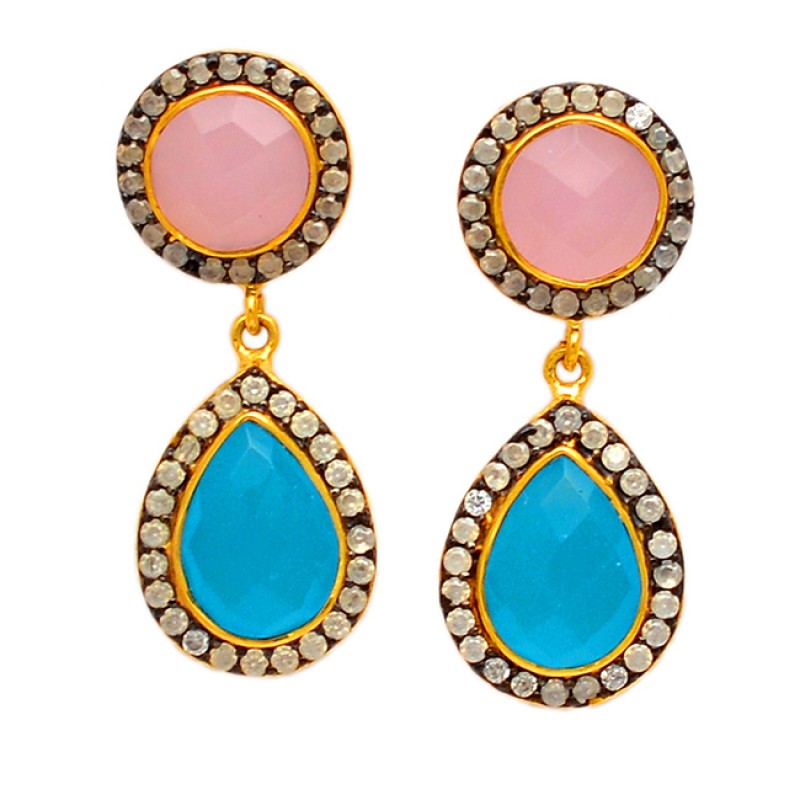 Pave Cz Chalcedony Gemstone 925 Sterling Silver Gold Plated Dangle Stud Earrings