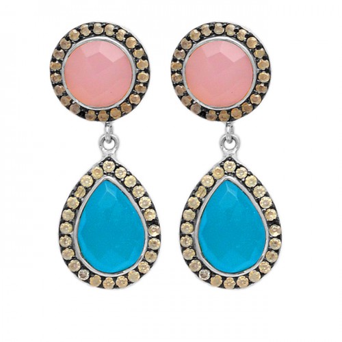 Pave Cz Chalcedony Gemstone 925 Sterling Silver Gold Plated Dangle Stud Earrings