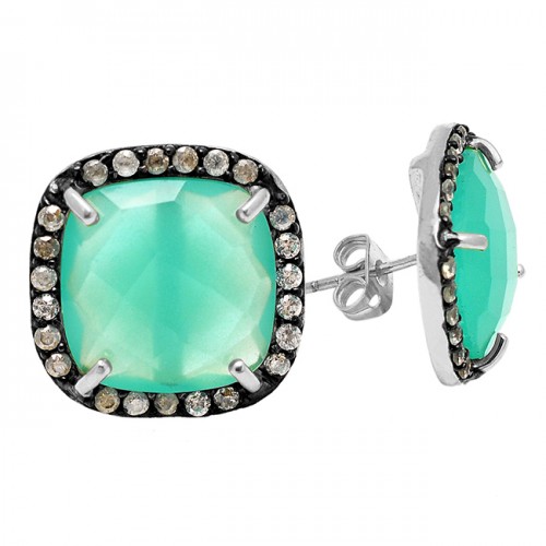 Pave Cz Aqua Chalcedony Gemstone 925 Sterling Silver Gold Plated Stud Dangle Earrings