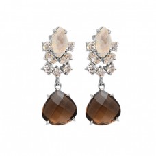 Smoky Quartz Moonstone Cz Gemstone 925 Sterling Silver Gold Plated Danlge Stud Earrings