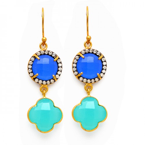 925 Sterling Silver Pave Cz Chalcedony Gemstone Gold Plated Dangle Earrings