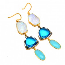 925 Sterling Silver Multi Color Gemstone Gold Plated Handmade Designer Earrings