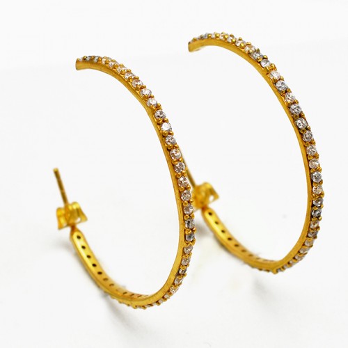Fashionable Pave CZ Round Shape Gemstone Gold Plated Designer Hoop Earrings
