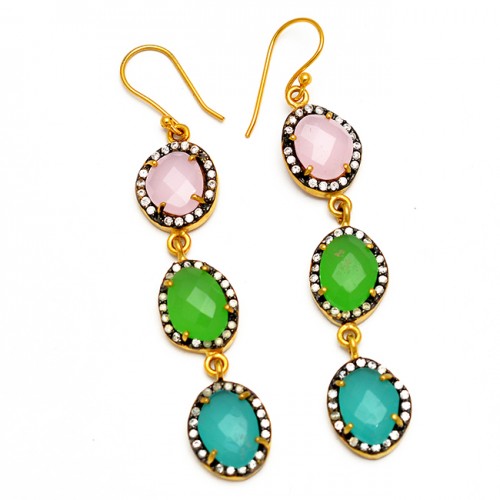 925 Sterling Silver Pave Cz Chalcedony Gemstone Gold Plated Handmade Designer Earrings