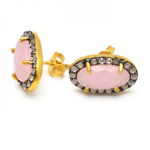 925 Sterling Silver Pink Chalcedony Pave Cz Gemstone Gold Plated Stud Earrings