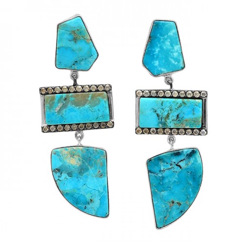 Turquoise Cubic Zirconia Gemstone 925 Sterling Silver Gold Plated Dangle Stud Earrings