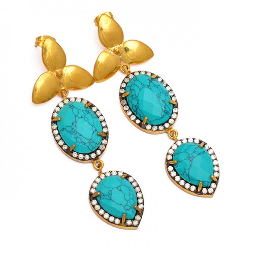 925 Sterling Silver Turquoise Pave Cz Gemstone Gold Plated Designer Stud Earrings
