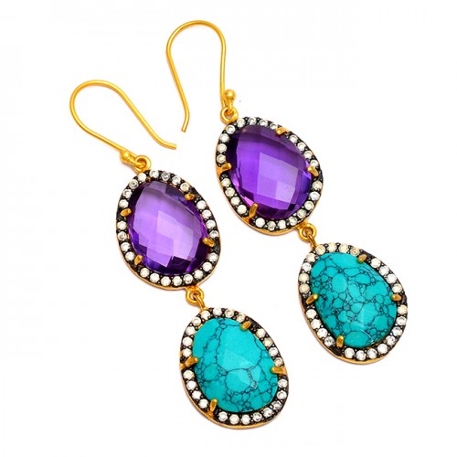 Amethyst Turquoise Pave Cz Gemstone 925 Sterling Silver Gold Plated Dangle Earrings