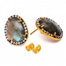 Pave Cz Labradorite Gemstone 925 Sterling Silver Gold Plated Handmade Stud Earrings