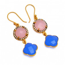 Rose Blue Color Chalcedony Pave Cz Gemstone 925 Sterling Silver Gold Plated Earrings