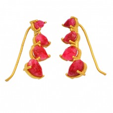 Faceted Pear Shape Ruby Gemstone 925 Sterling Silver Gold Plated Designer Earrings