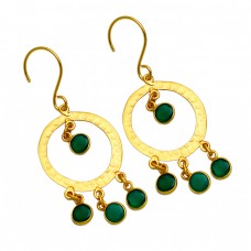 Hammered Bezel Setting Round Green Onyx Gemstone Gold Plated Dangle Earrings