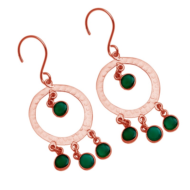 Hammered Bezel Setting Round Green Onyx Gemstone Gold Plated Dangle Earrings