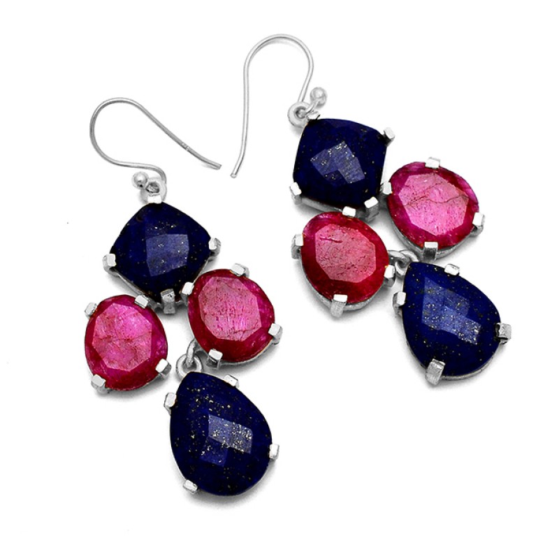 Lapis Lazuli Ruby Gemstone Prong Setting 925 Sterling Silver Gold Plated Dangle Earrings