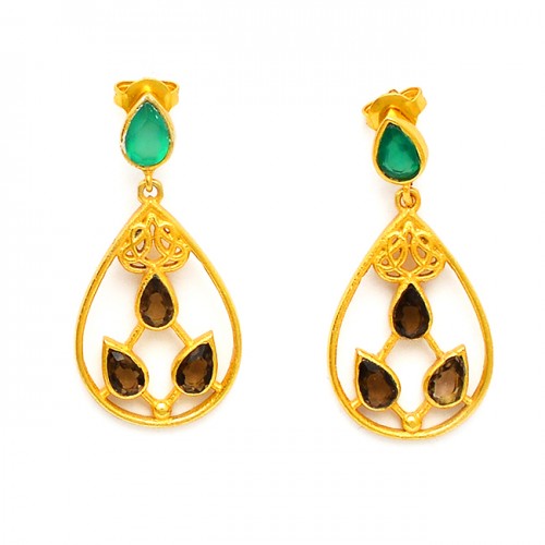 Green Onyx Smoky Quartz Gemstone Handcrafted Designer Gold Plated Stud Dangle Earrings