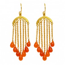 Handcrafted Designer Carnelian Pear Drops Shape Gemstone Gold Plated Dangle Earrings