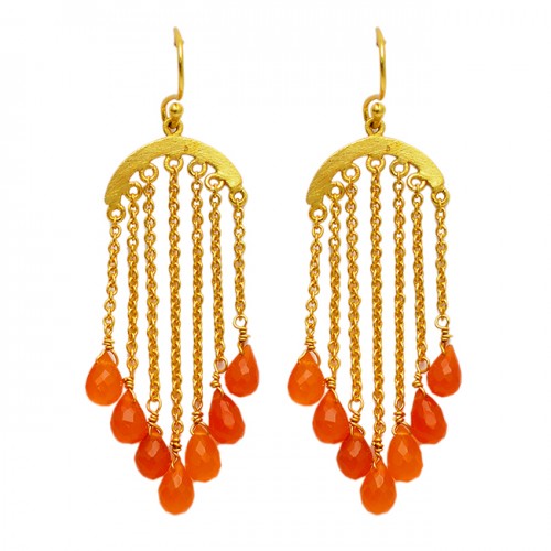 Handcrafted Designer Carnelian Pear Drops Shape Gemstone Gold Plated Dangle Earrings