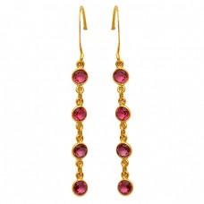 Pink Quatz Round Shape Gemstone 925 Sterling Silver Gold Plated Bezel Setting Earrings