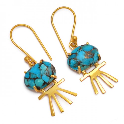 Cabochon Blue Copper Turquoise Gemstone Handmade Gold Plated Earrings