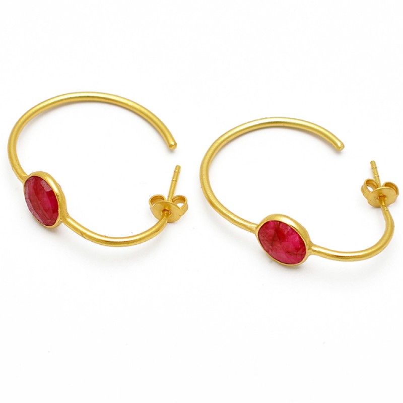 Faceted Oval Shape Ruby Gemstone 925 Sterling Silver Gold Plated Hoop Earrings