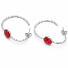 Faceted Oval Shape Ruby Gemstone 925 Sterling Silver Gold Plated Hoop Earrings