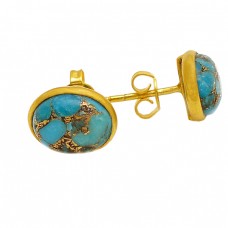 Blue Copper Turquoise Gemstone 925 Sterling Silver Gold Plated Designer Stud Earrings
