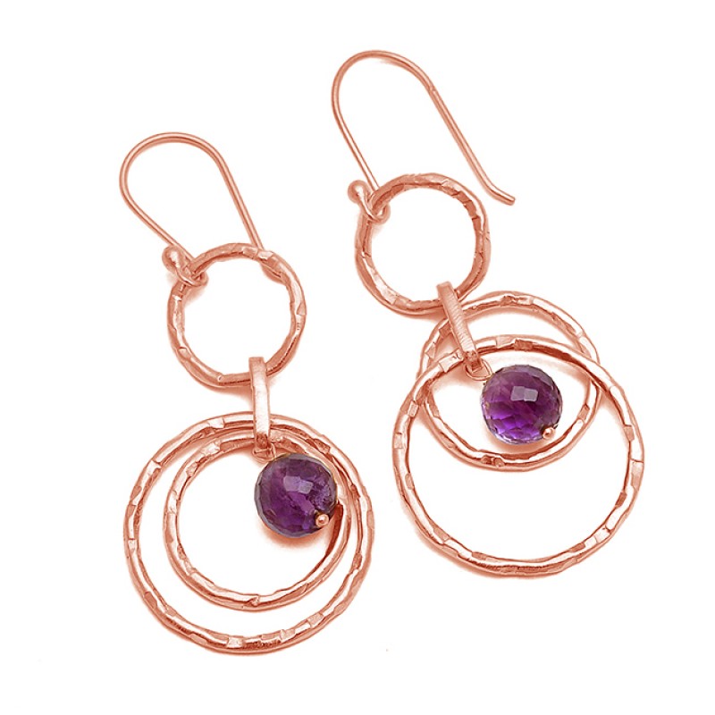 Purple Amethyst Round Balls Shape Gemstone Gold Plated Dangle Earrings