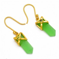 Pencil Shape Chalcedony Peridot Round Gemstone Gold Plated Dangle Earrings