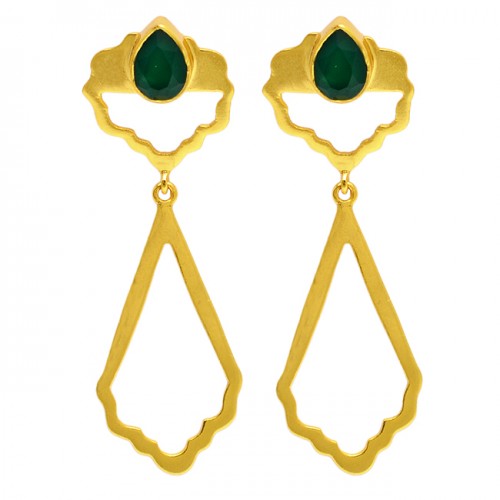 Emerald Pear Shape Gemstone Handcrafted Designer Gold Plated Dangle Earrings