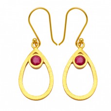 Round Shape Ruby Gemstone 925 Sterling Silver Gold Plated Dangle Earrings