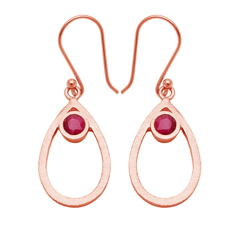 Round Shape Ruby Gemstone 925 Sterling Silver Gold Plated Dangle Earrings