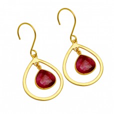 Briolette Heart Shape Ruby Gemstone Gold Plated Handmade Designer Earrings