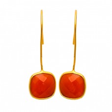 Cushion Shape Carnelian Gemstone 925 Sterling Silver Gold Plated Handmade Earrings