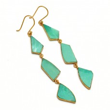 Natural Chrysoprase Fancy Shape Gemstone Bezel Setting Gold Plated Dangle Earrings