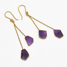 Amethyst Fancy Shape Gemstone 925 Silver Gold Plated Chain Dangle Earrings