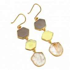 Fancy Slice Shape Gemstone 925 Sterling Silver Gold Plated Dangle Earrings