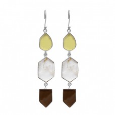 Smoky Quartz Gold Rutile Chalcedony Gemstone 925 Sterling Silver Gold Plated Earrings