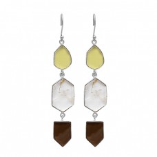 Smoky Quartz Gold Rutile Chalcedony Gemstone 925 Sterling Silver Gold Plated Earrings