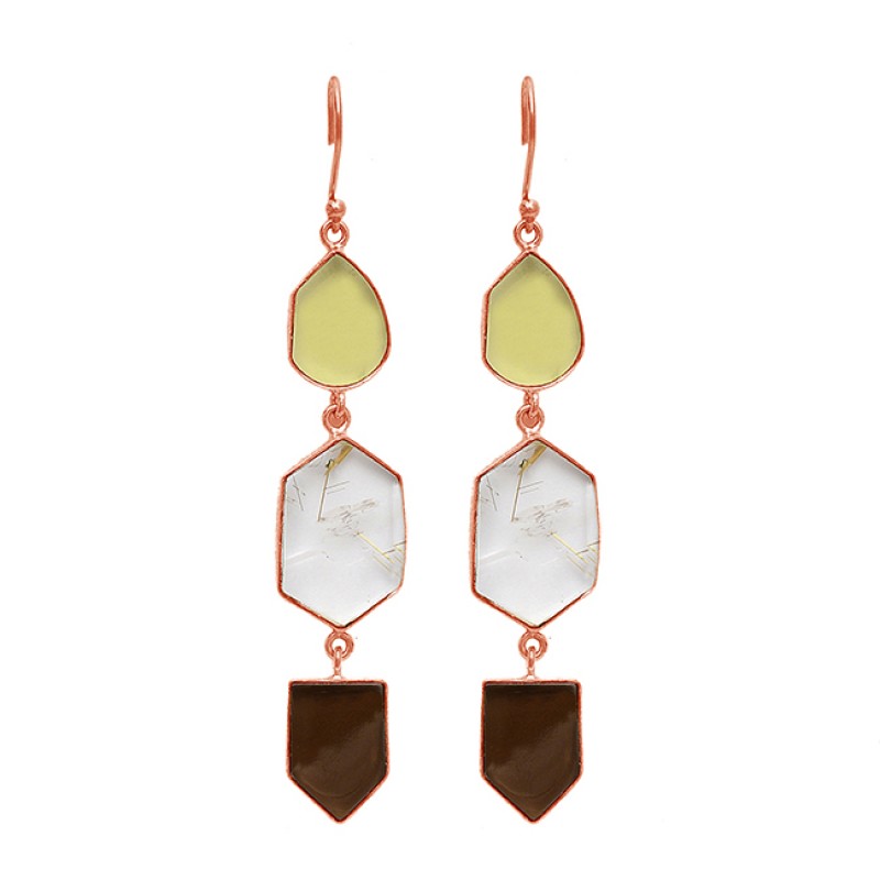 Smoky Quartz Gold Rutile Chalcedony Gemstone 925 Sterling Silver Gold Plated Earrings
