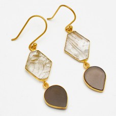 Smoky Quartz Golden Rutile Quartz Gemstone 925 Sterling Silver Gold Plated Earrings