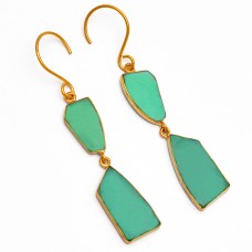 Natural Chrysoprase Gemstone 925 Sterling Silver Gold Plated Dangle Earrings