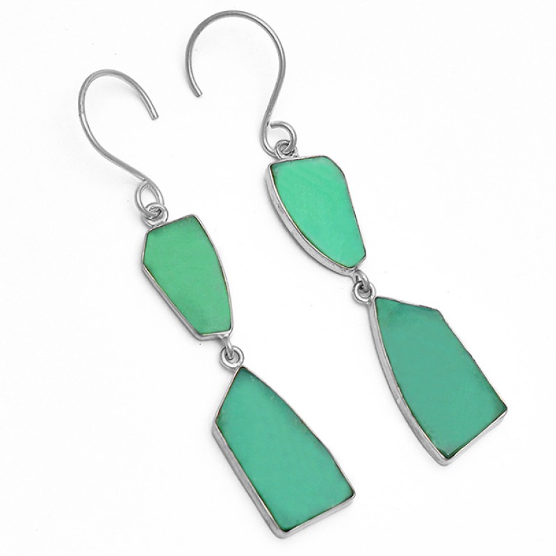 Natural Chrysoprase Gemstone 925 Sterling Silver Gold Plated Dangle Earrings