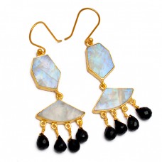 Black Onyx Moonstone 925 Sterling Silver Gold Plated Handmade Dangle Earrings