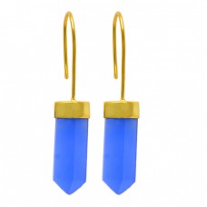 Half Pencil Shape Blue Chalcedony Gemstone 925 Sterling Silver Gold Plated Earrings