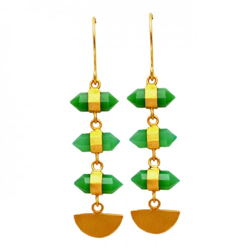 Step Cut Pencil Shape Green Onyx Gemstone Handcrafted Designer Gold Plated Earrings