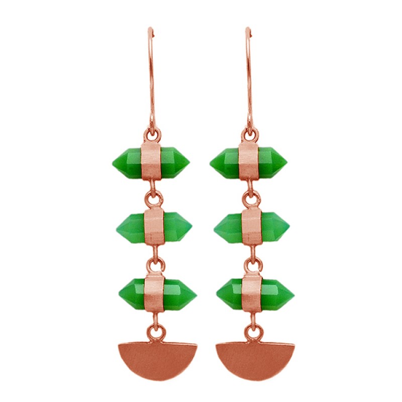 Step Cut Pencil Shape Green Onyx Gemstone Handcrafted Designer Gold Plated Earrings