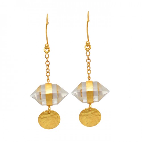 Double Point Pencil Shape Crytal Gemstone Gold Plated Hanging Chain Dangle Earrings