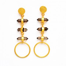 Smoky Quartz Step Cut Pencil Shape Gemstone 925 Silver Gold Plated Dangle Stud Earrings