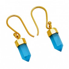 Blue Chalcedony Pencil Shape Gemstone 925 Sterling Silver Gold Plated Dangle Earrings